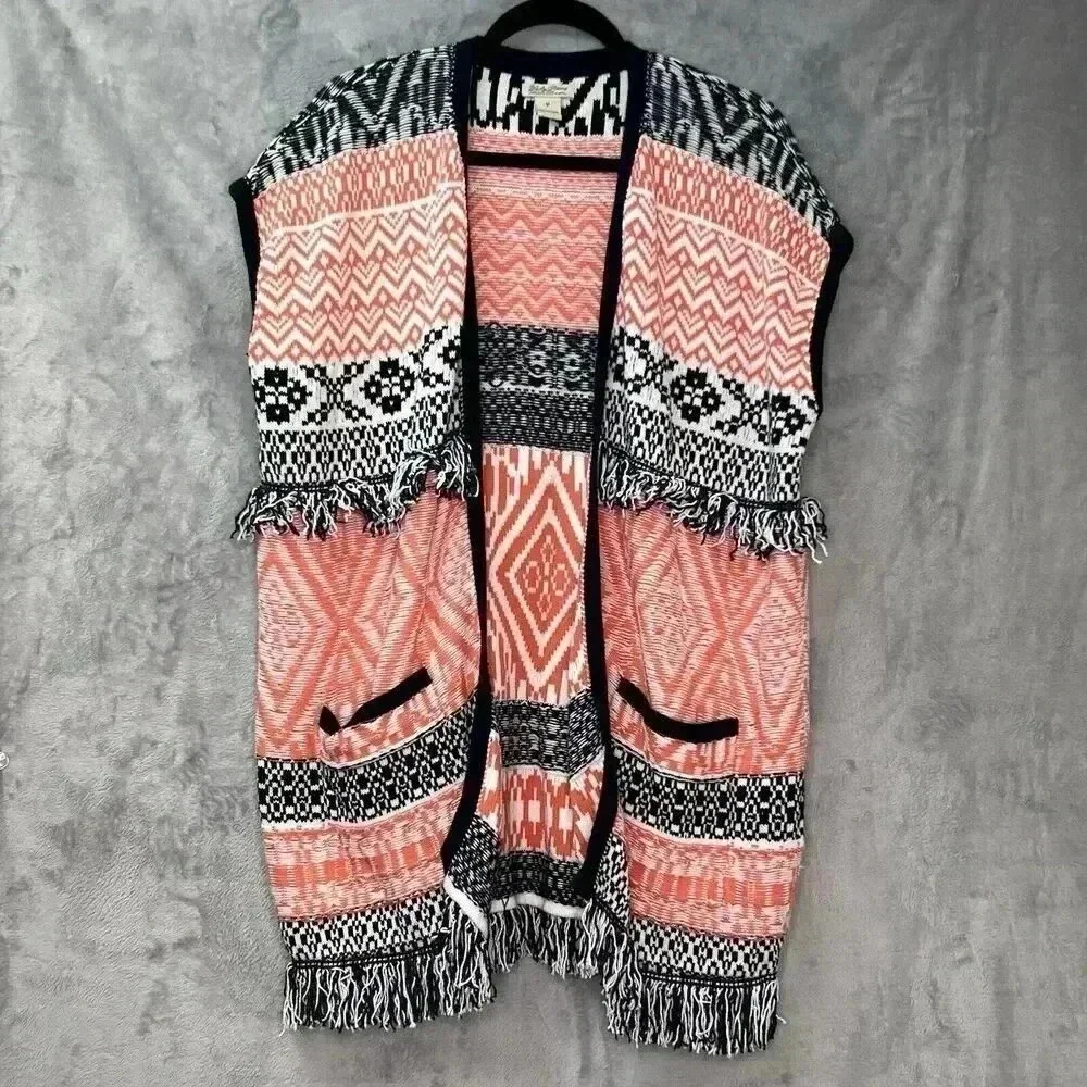 Lucky Brand Fringe Jacquard Cardigan Sweater Vest Sz M Orange Black Aztec‎